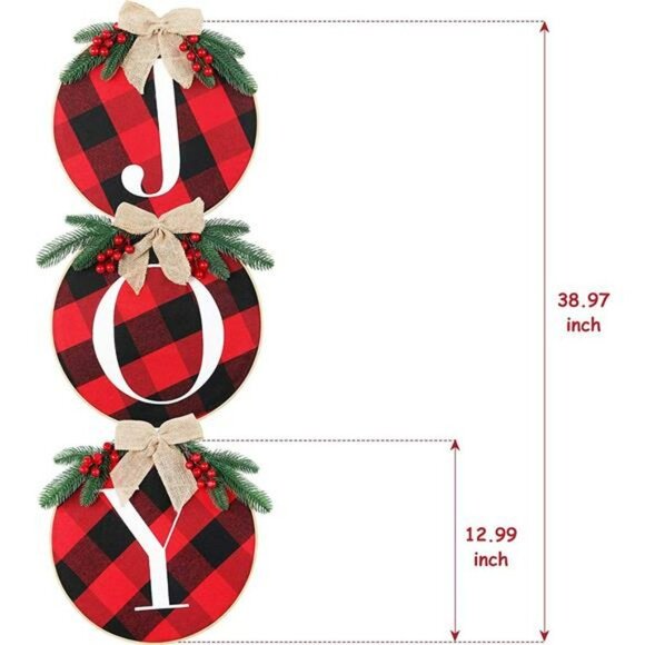 Joy Sign Christmas Wreath for Front Door, Buffalo Plaid Christmas Decorations - Picture 1 of 6